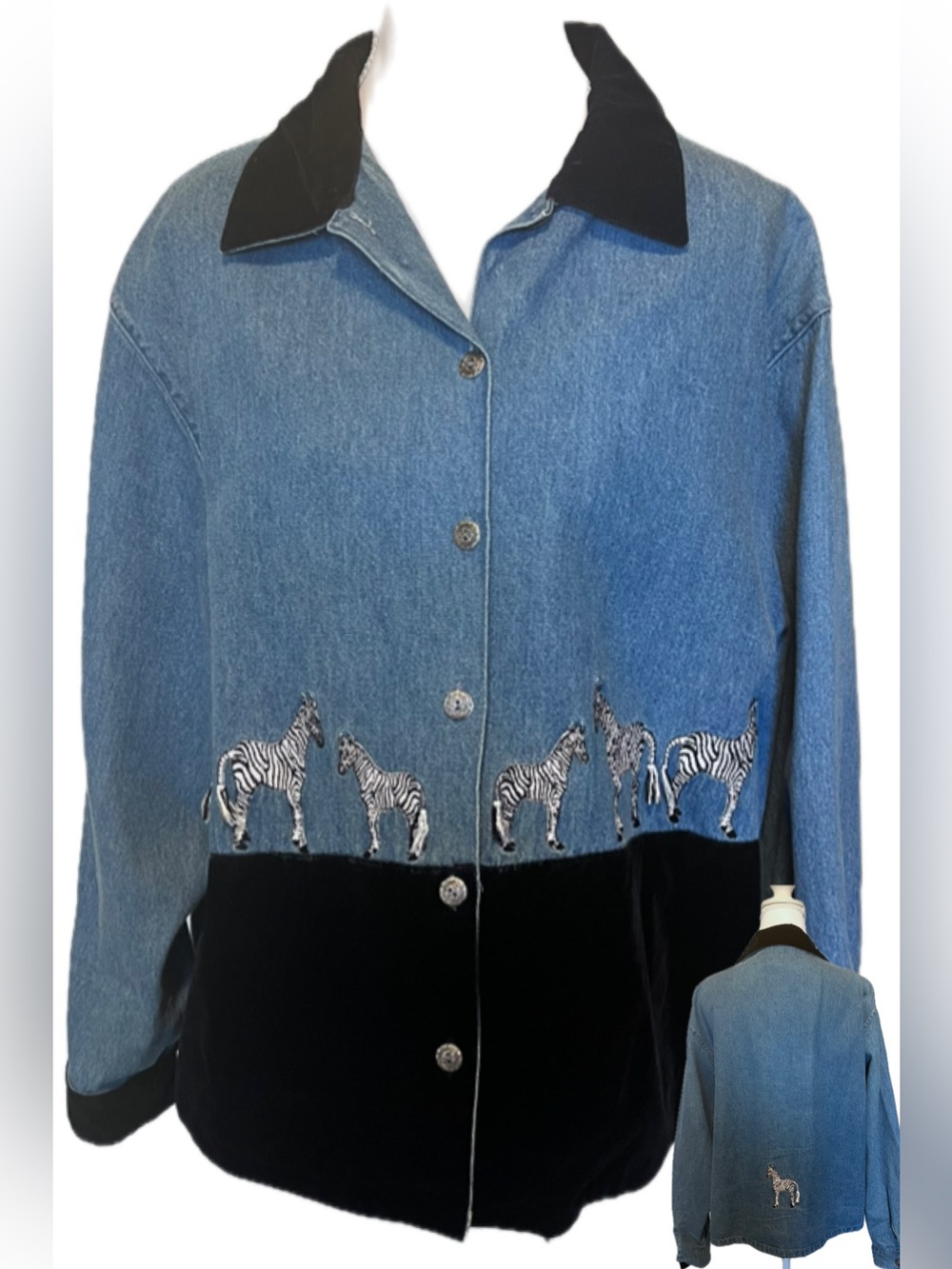 Vintage Denim Velvet Shacket Zebra Embroidery Pockets Cotton Sz XL 🦓